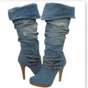 Anne Michelle Denim Blue Jean Knee Hi Boots